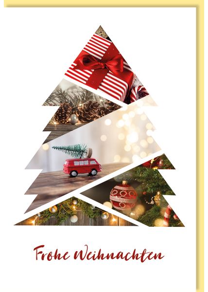 Weihnachtskarte Business Geschenke, Kiefernzapfen, Spielzeugbus mit Tannenbaum, Weihnachtsbaumkugeln