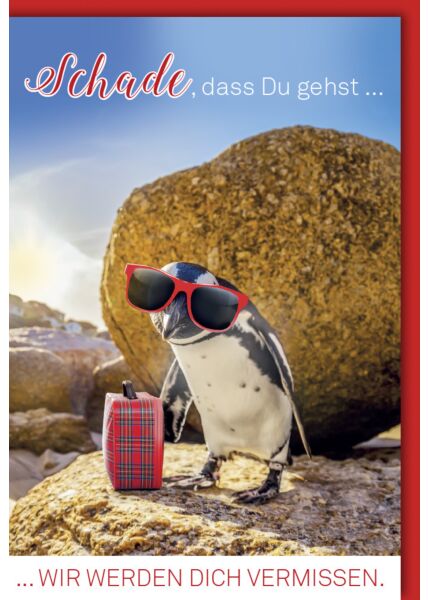 Abschiedskarte Arbeitskollege - Pinguin mit Brille und Koffer
