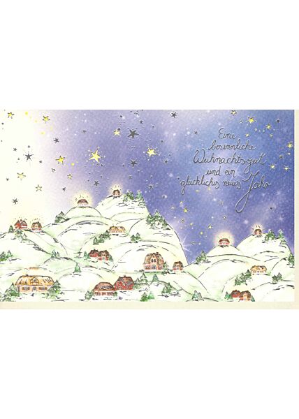 Weihnachtskarte premium Naturpapier Silberfolie Landschaft Häuser