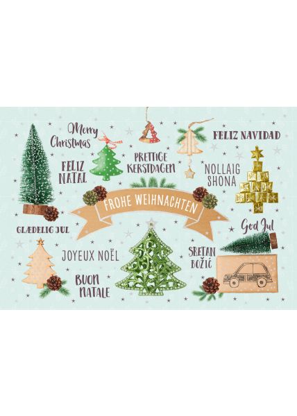 schöne Weihnachtskarte Frohe Weihnachten in 10 verschiedenen Sprachen