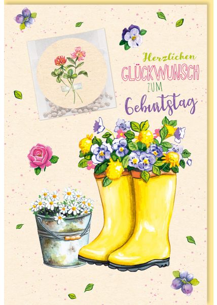 Geburtstagskarte mit Blumenmotiv: Gummistiefel & Eimer, Samentütchen, Zuckerrohrpapier-Hintergrund