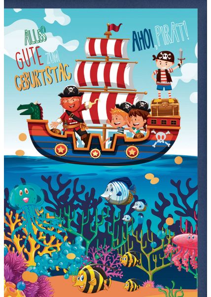 Kindergeburtstagskarte Piratenschiff, Fische und Korallen, mit Goldfolie