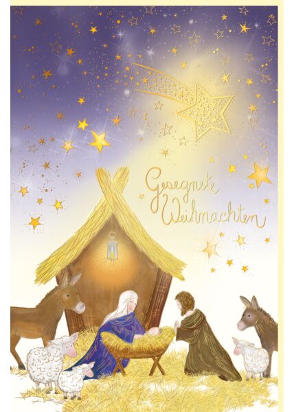 Weihnachtsgrußkarte Goldfolie und Blindprägung Maria Joseph Esel