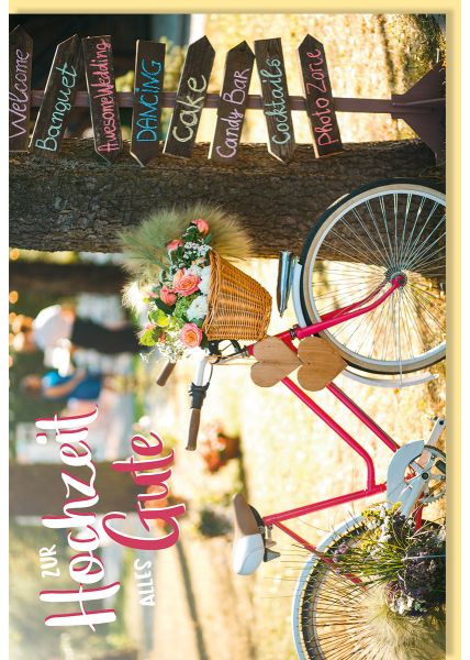 Glückwunschkarte Hochzeit Fahrrad mit Holzherzen und Blumenkorb am Lenkrad, Wegweiser