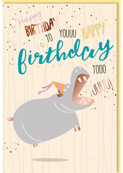 Glückwunschkarte Geburtstag Nilpferd mit Partyhut, Zuckerrohrpapier