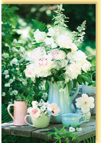 Grußkarte blanko Motiv Blumen in Tassen und Krügen