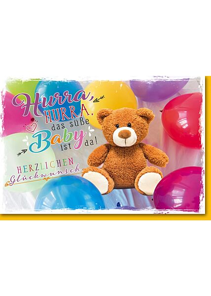 Glückwunschkarten zur Geburt Teddy mit bunten Ballons