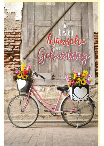 Geburtstagskarte Fahrrad mit Blumen in Körben am Lenkrad und auf Gepäckträger