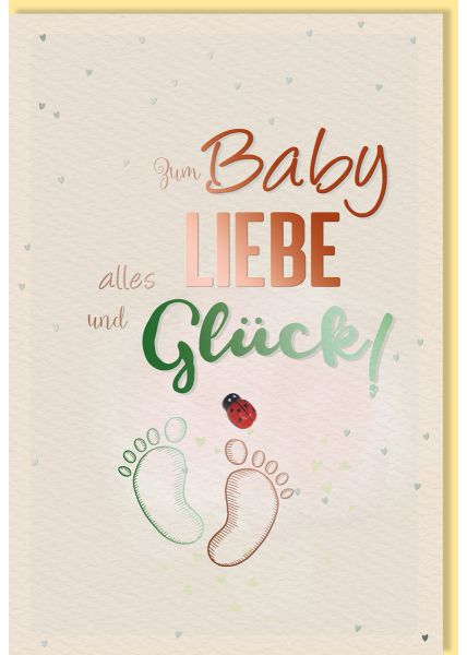 Glückwunschkarte zur Geburt Fußspuren, Naturkarton, mit roségoldener Folie und Marienkäfer