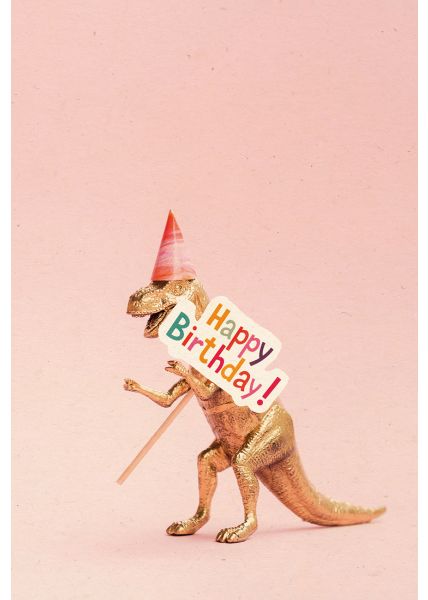 Postkarte Geburtstag Dinosaurier mit Schild und Partyhut, Zuckerrohrpapier