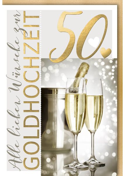 Glückwunschkarte zur goldenen Hochzeit - 50 Jahre mit Sektgläsern und Flasche - Folienprägung