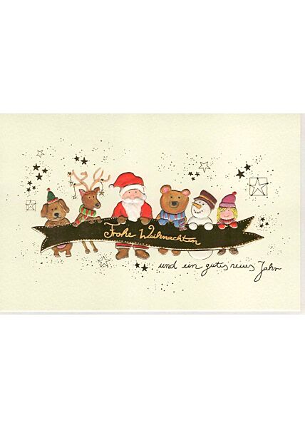 Weihnachtsgrußkarte Naturkarton Weihnachtsmann und Freunde