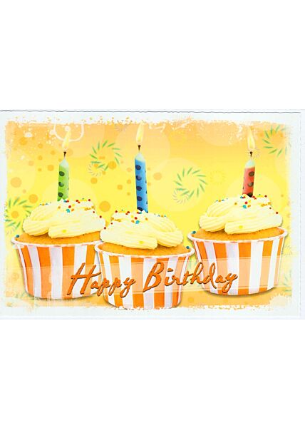 Glückwunschkarte Geburtstag gelb kleine Kuchen Kerzen