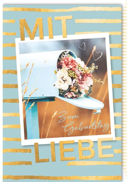 Geburtstagskarte Spruch Blumenstrauß im Briefkasten