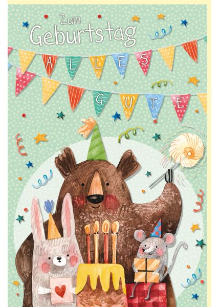 Geburtstagskarte Kindergeburtstag Motiv Kuchen mit Bär, Maus und Katze