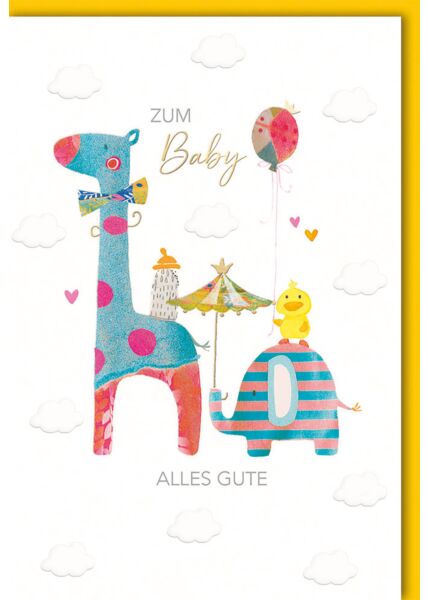 Glückwunschkarte zur Geburt Zum Baby, Giraffe und Elefant