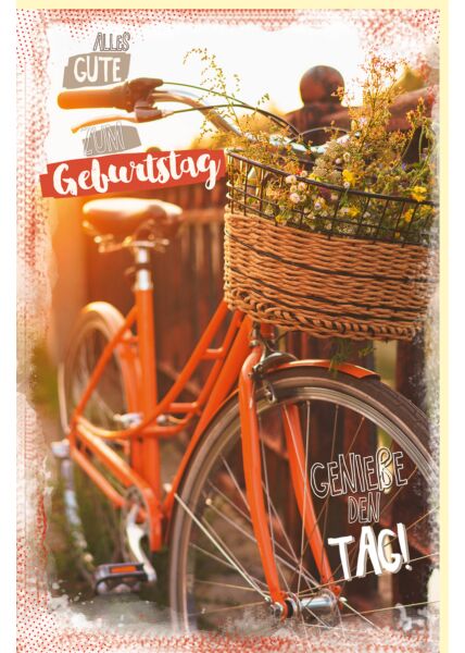 Geburtstagskarte Glücksmomente Fahrrad mit Blumenkorb am Lenkrad