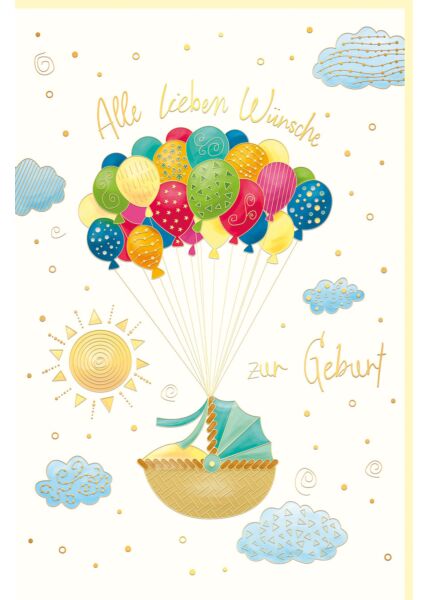 Glückwunschkarte Baby Geburt Korb Luftballons Naturkarton