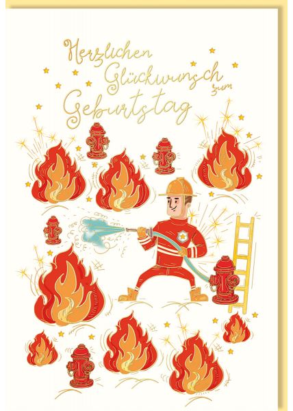 Glückwunschkarte Geburtstag Feuerwehrmann löscht Feuer