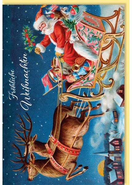 Weihnachtskarte Nostalgisch Rentierschlitten mit Weihnachtsmann