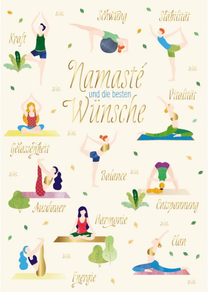 Postkarte Spruch Namasté Beste Wünsche Yoga Positionen Grüße Folienprägung hochwertig