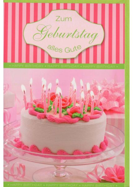 Geburtstagskarte mit Geburtstagskuchen und vielen Kerzen