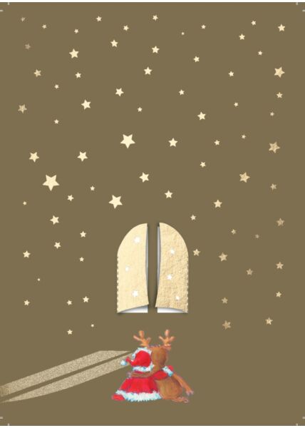 Weihnachtspostkarte Goldfolie Fenster zum Ausklappen / Engel Rentier