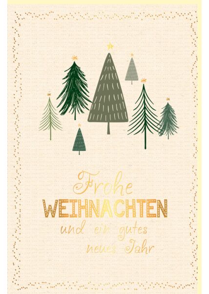 Weihnachtskarte aus Zuckerrohrpapier mit Goldfolie 7 Tannenbäume