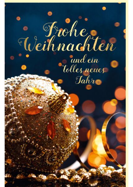 Weihnachtskarte Goldfolie Weihnachtskugel dunkelblauer Hintergrund