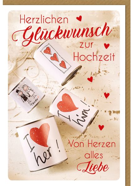 Glückwunschkarte Hochzeit mit Dosen und Herzen zur Hochzeit - von Herzen alles Liebe