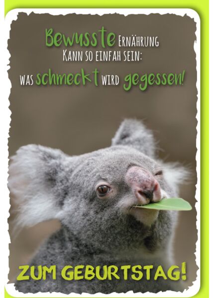 Glückwunschkarte Geburtstag Koala mit grünem Blatt