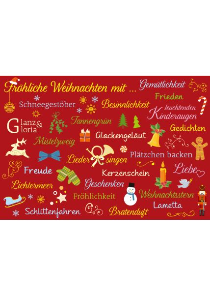 schöne Weihnachtskarte Fröhliche Weihnachten mit Schneegestöber, Besinnlichkeit, Glück, Freude