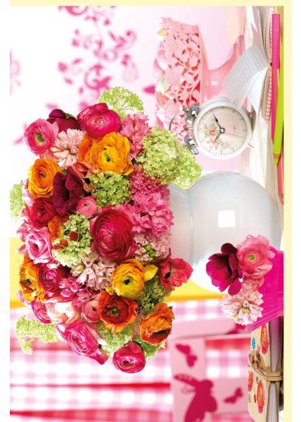 Grußkarte mit XL Blumenstrauß in Blumenvase auf dem Tisch