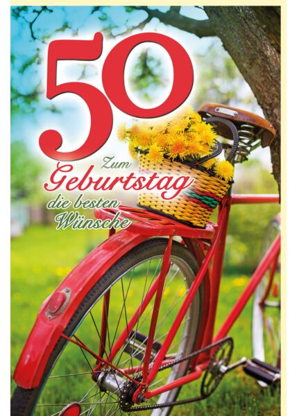 Geburtstagskarte Zahlengeburtstag 50 Jahre Sommer auf dem Land Rotes Fahrrad lehnt am Baum