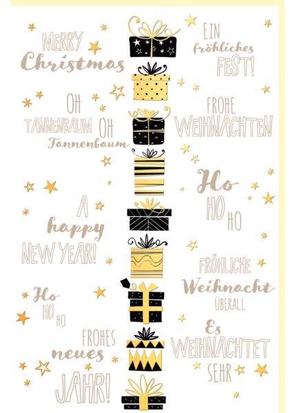 Weihnachtsgrußkarte Geschenke gestapelt gold und schwarz hochwertig