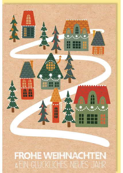 Weihnachtskarte Kraftpapier Häuser, Tannenbäume, Naturkarton