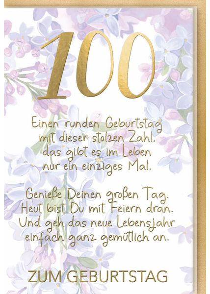 Geburtstagskarte 100 mit goldener Zahl und Blumenmotiv Folienprägung - Pergamentpapier