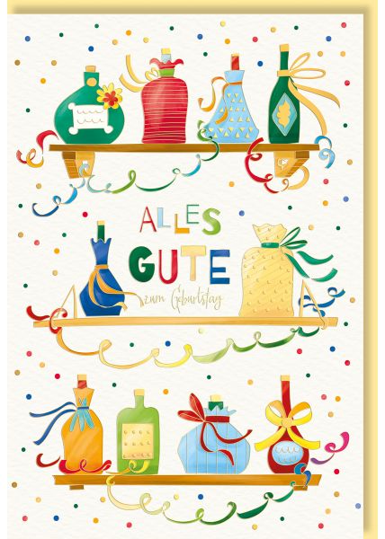 Geburtstagskarte: Farbenfrohe Parfümflaschen mit Folien- und Blindprägung auf Naturkarton