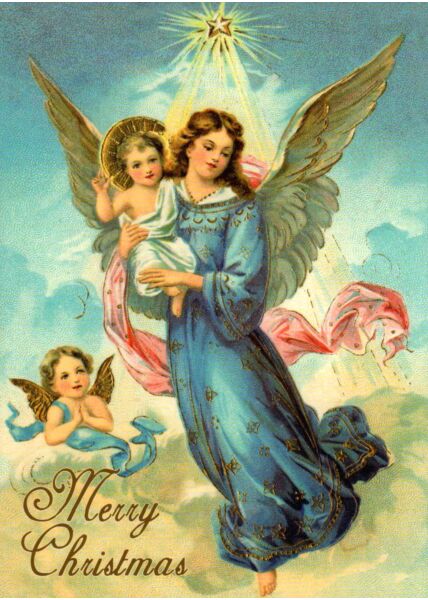 Weihnachtspostkarte Engel und zwei Kinder