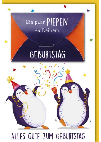 Glückwunschkarten Geburtstag - Fröhliche Pinguin-Party mit Konfetti und Musik, Bunte Geburtstagskarte mit Umschlag-Motiv