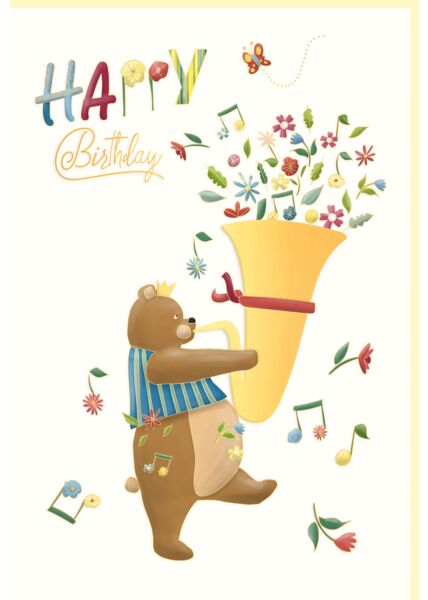 Glückwunschkarte Geburtstag Bär spielt Tuba, Blumen, Naturkarton, mit Goldfolie und Blindprägung