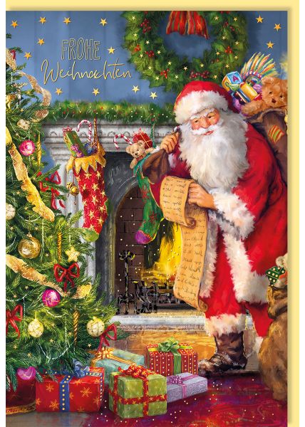 Weihnachtsmann vor Weihnachtsbaum mit Geschenken, nostalgisch mit Goldfolie