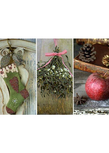 Weihnachtspostkarte 3 Bilder Apfel Socken