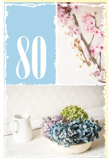 Geburtstagskarte Zahlengeburtstag 80 Jahre Zweige mit Blüten und Blüten in Schale