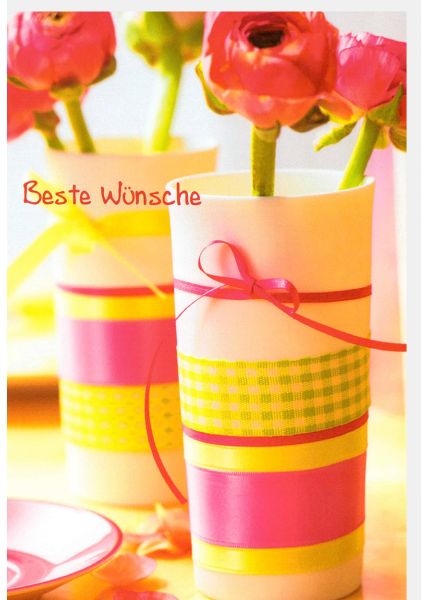 Grußkarte Tisch Vasen Blumen Spruch Beste Wünsche
