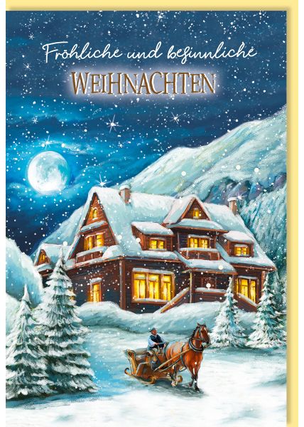 Weihnachtskarte Pferd mit Schlitten, Haus nostalgisch