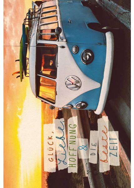 Postkarte Lebensweisheit Glück Liebe Zeit VW Bus, Zuckerrohrpapier