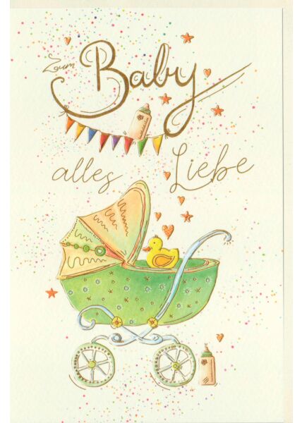 Glückwunschkarte Geburt Baby Kinderwagen mit Ente, Naturkarton, mit Goldfolie und Blindprägung