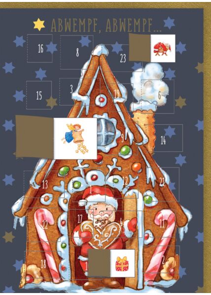 Adventskalender-Weihnachtskarte: Abwempf, Abwempf - Lebkuchenhaus