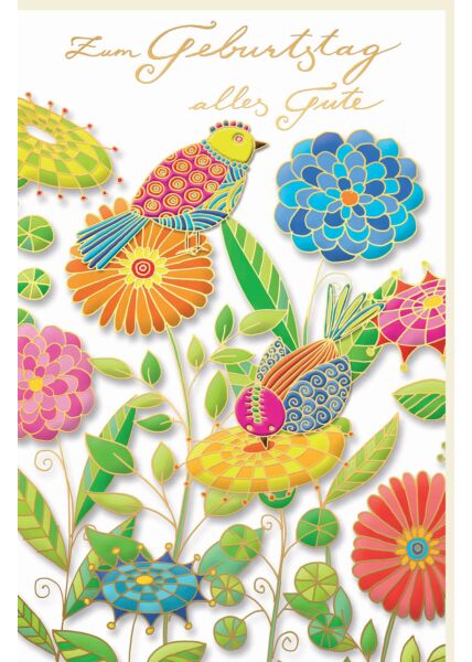 Glückwunschkarte Geburtstag Bunte Vögel auf bunten Blumen, Naturkarton
